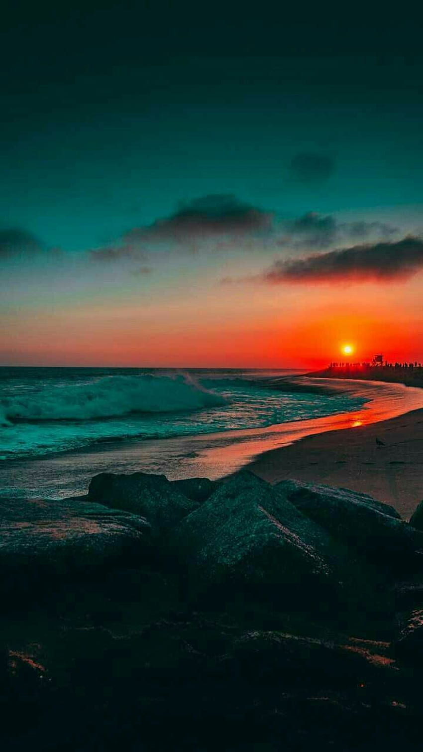 Blaugrüner und orangefarbener Sonnenuntergang. Sonnenuntergang, schön, Strand HD-Handy-Hintergrundbild