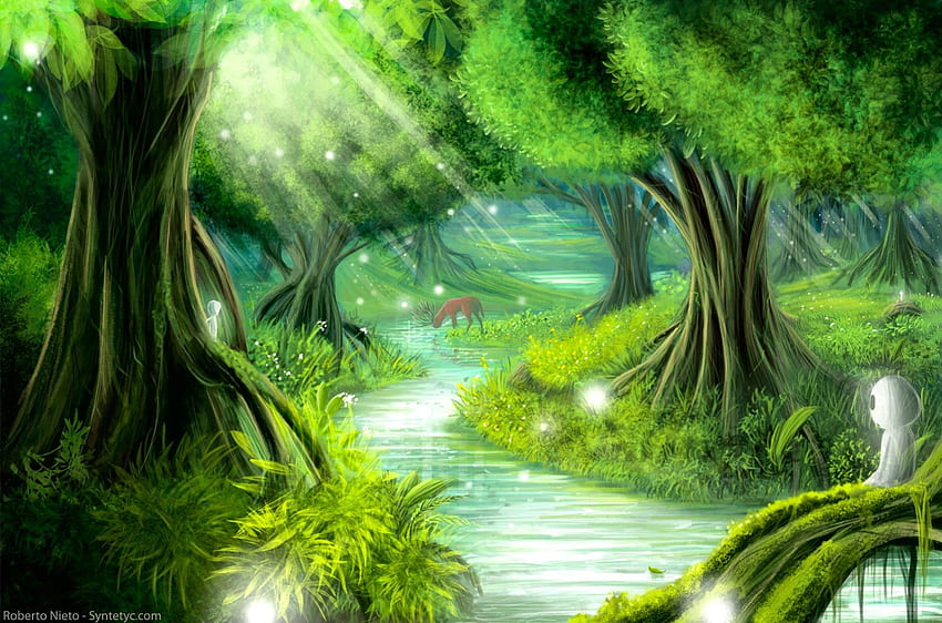 **Roh Hutan**, sinar, roh, tanaman, hutan, seni digital, rumput, lanskap, pemandangan, lukisan, cahaya, , pohon, alam, sungai Wallpaper HD