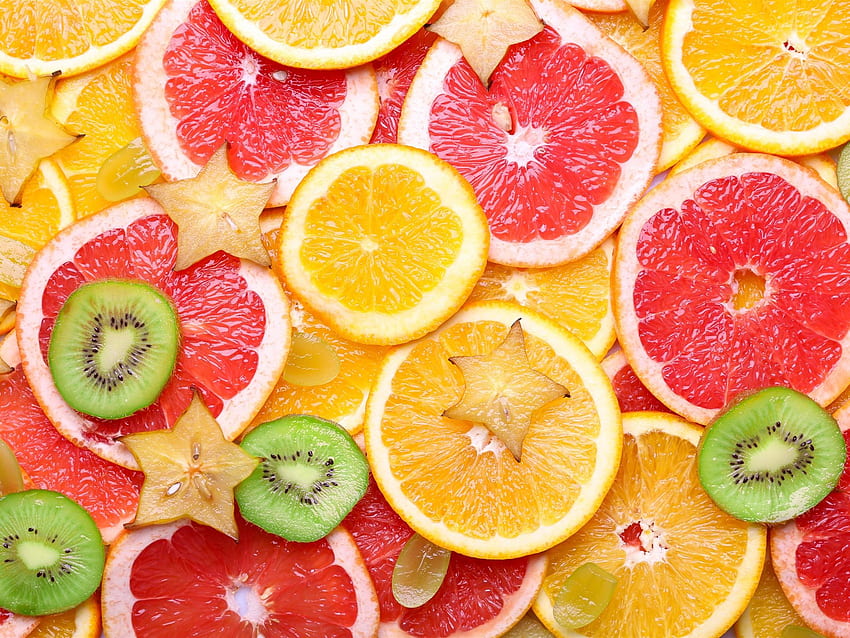 フルーツ スライス、グレープ フルーツ、ブドウ、柑橘類、オレンジ、かわいいキウイ 高画質の壁紙