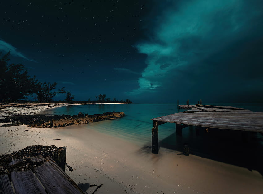 Jaws Beach, Bahamas, cais, noite papel de parede HD