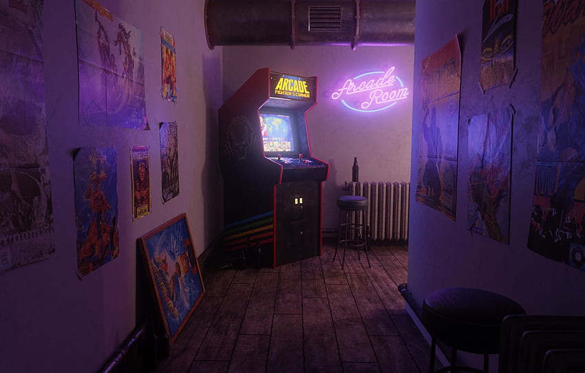 Neon, Retro, Corridor, Arcade, Slot machine, Ferhat Tanman, ฉากจากอดีต, มุมของ Arcade Fighter, โดย Ferhat Tanman, โปสเตอร์สำหรับ , ส่วน рендеринг, Retro Game Room วอลล์เปเปอร์ HD