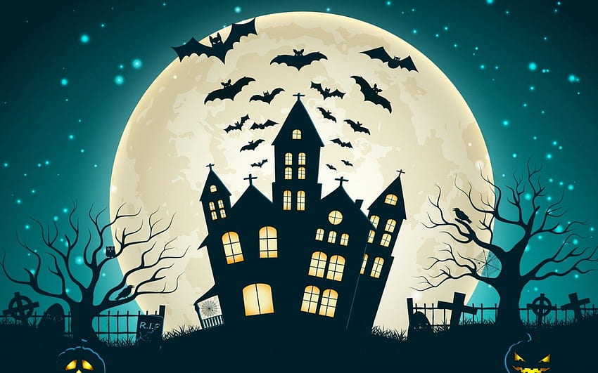 Spooky Castle, Big Moon, Bats, Halloween, Creepy HD wallpaper