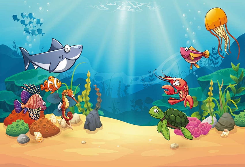 Leowefowa ฟุต Cartoon Under The Sea ฉากหลังไวนิล Sunlight Underwater World พื้นหลัง Baby 1st Birtay Party บูธฉากหลัง ปลาเขตร้อน ปลาฉลาม ฮิปโปแคมปัส แมงกะพรุน วันหยุดฤดูร้อน : เครื่องใช้ไฟฟ้า, การ์ตูนใต้น้ำ วอลล์เปเปอร์ HD