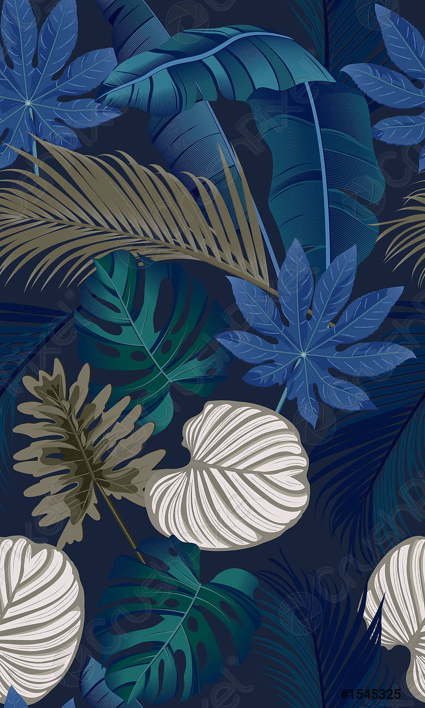 Pola mewah mulus dengan daun tropis dengan latar belakang biru tua - vektor stok, Tropis Biru wallpaper ponsel HD
