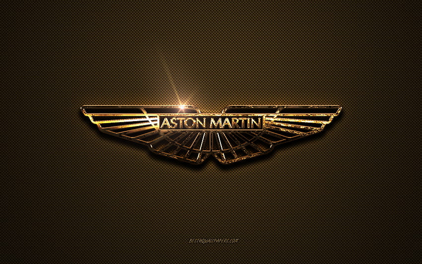 Златно лого на Aston Martin, произведения на изкуството, кафяв метален фон, емблема на Aston Martin, рекламно послание, лого на Aston Martin, марки, Aston Martin HD тапет