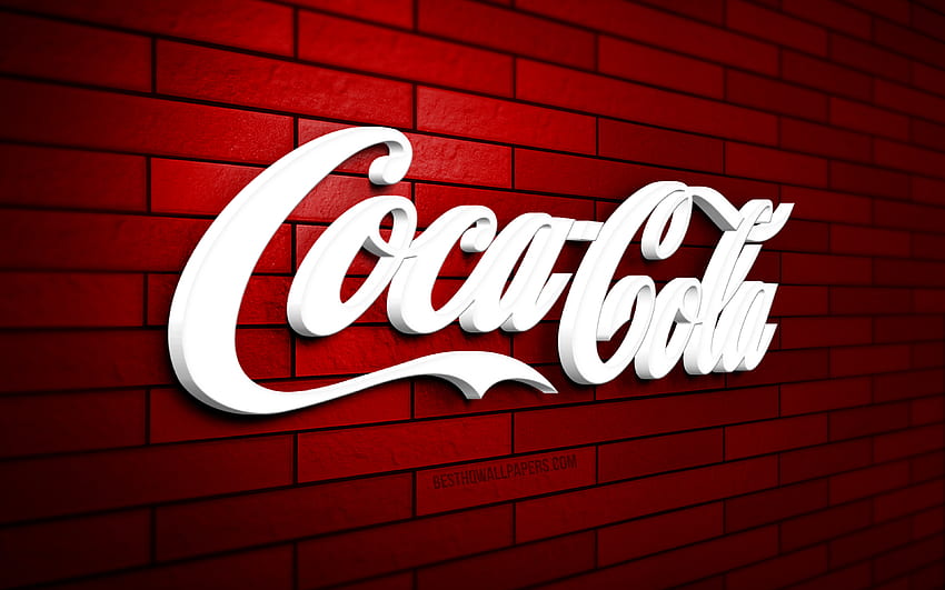 3D лого на Coca-Cola, червена тухлена стена, творчески, марки, лого на Coca-Cola, 3D изкуство, Coca-Cola HD тапет