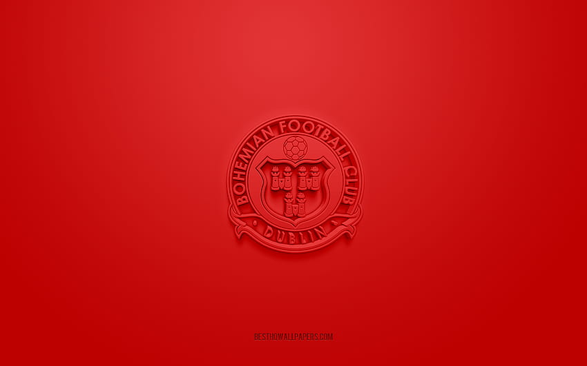 Bohemians FC, творческо 3D лого, червен фон, ирландски футболен отбор, Лига на Ирландия Висша дивизия, Дъблин, Ирландия, 3d изкуство, футбол, Bohemians FC 3d лого HD тапет