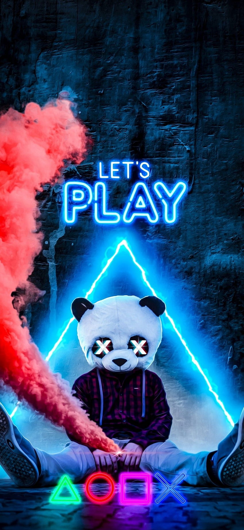 Juguemos Panda - (panda, máscara, neón, humo, jugador, juegos). Ilustrasi komik, Ilustrasi karakter, Ilustrasi poster, Gaming Graffiti fondo de pantalla del teléfono