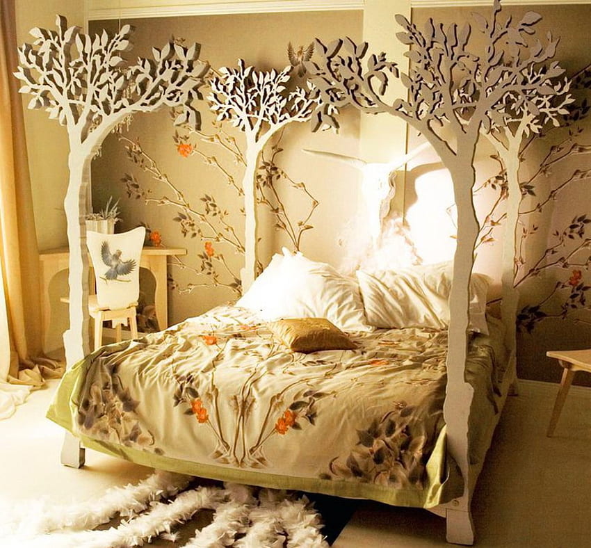Дърво легло, стил, листа, легло, стая, естествена светлина, клони, дървета HD тапет