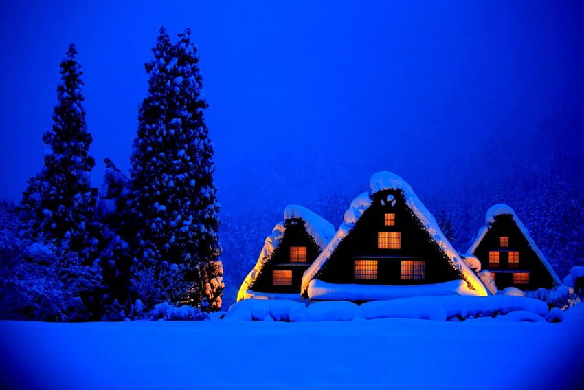 Синя нощ, зима, снежно, пейзаж, къщи, сняг, дървета, природа, вила, зимно време HD тапет