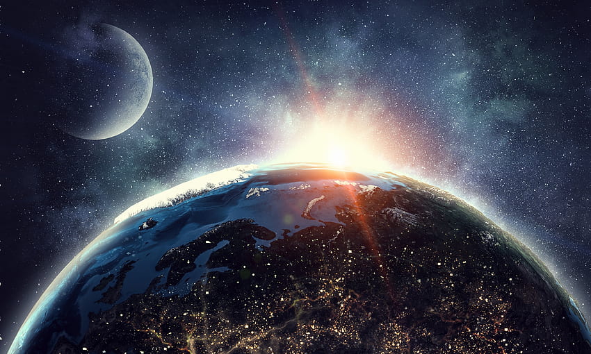 Moon and earth, planets, space, surface, twilight HD wallpaper