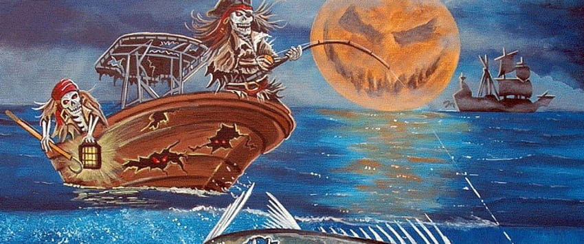 Halloween Skeleton Fishing Bones In The Sea, Boat, Orange, Moon, Sea, Bones, Water, Fishig, Skeleton, Hat, Pirate, Clouds, Sky, Pumpkin HD wallpaper