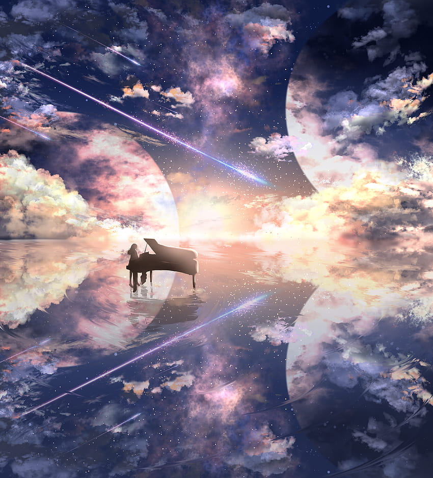 Anime, Universum, Klavier, Silhouette, Illusion, Flügel HD-Handy-Hintergrundbild