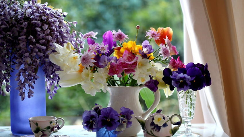 preparing for tea, still life, flowers, teacup, tea HD wallpaper