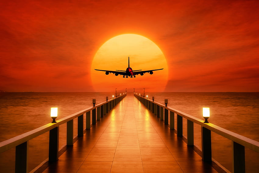 Arte, tramonto, aereo, aeroplano, molo, luppolo, ormeggio Sfondo HD