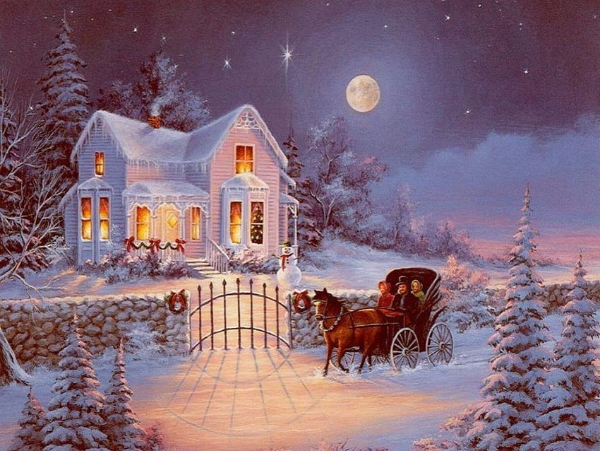 „Живописна разходка с карета в снега“, тържества, зима, нощ, празници, зимни празници, звезди, сняг, конски вагони, щастливи, коледни елхи, бели дървета, атракции в сънищата, пейзаж, красиво, поздрави, сезони, пътувания, снежен човек , обичам четири сезона, Коледа, Романтика, Коледа и Нова година HD тапет