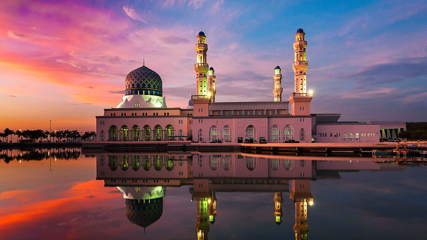 Kota Kinabalu City Mosque Is The Second Main Mosque In Kota Kinabalu Sabah Malaysia Sunset Reflection In Water HD wallpaper