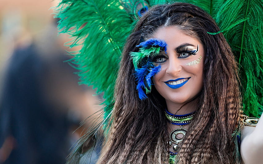 Бразилски карнавал, синьо, перо, зелено, лице, висенте конча, жена HD тапет