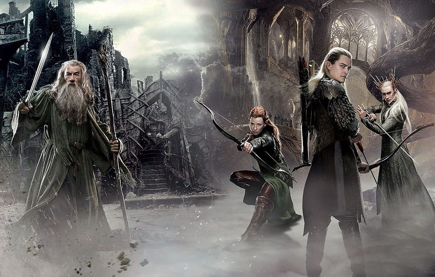 sword, sky, clouds, The Lord of the Rings, elf, Gandalf, Legolas, film, bow, The Hobbit, mage, mist, archer, 2013, staff, debris for , section фильмы, The Lord of the Rings Elves HD wallpaper