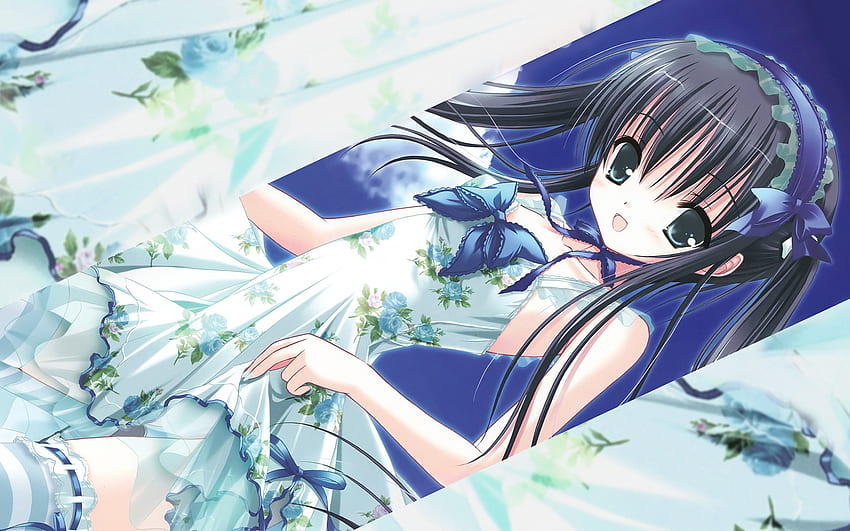 Kawaii, blue, curtains, headband, ribbon, cute, girl, long hair, dress, anime, clouds, sky, bow HD wallpaper