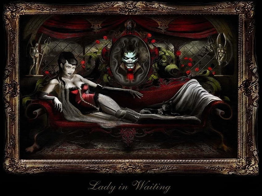 LADY IN WAITING, gothic, lady, waiting, cat, couch HD wallpaper