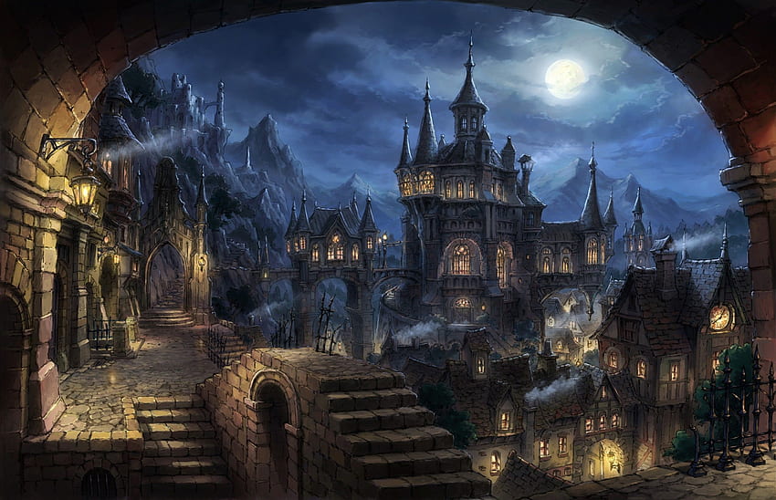 La escena del juego. Ciudad de fantasía, Castillo de fantasía, Paisaje de fantasía, Paisaje medieval oscuro fondo de pantalla