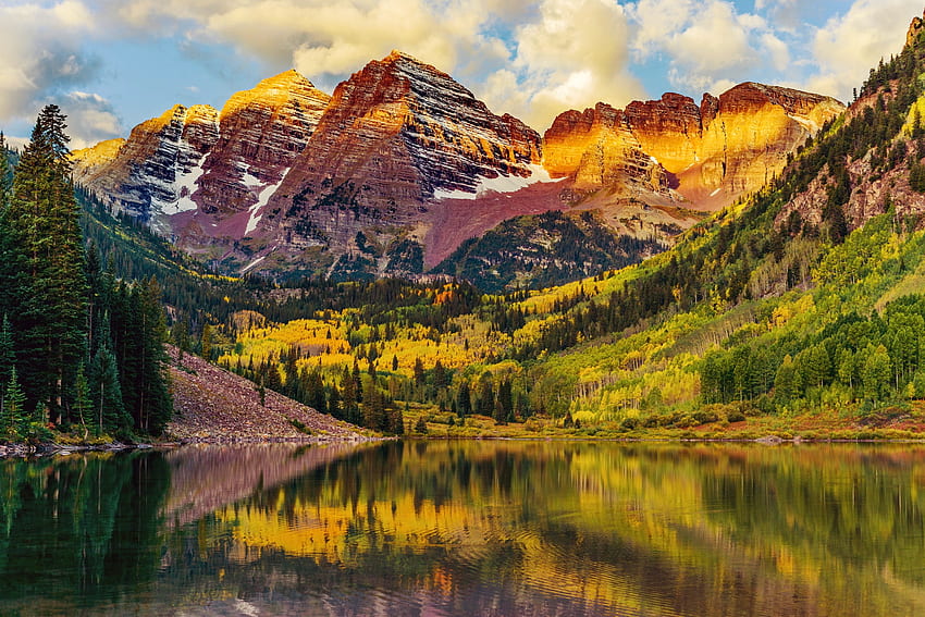 Puncak gunung saat matahari terbit, megah, perbukitan, musim gugur, puncak, AS, bebatuan, danau, gunung, ketenangan, refleksi, musim gugur, pohon, pemandangan, hutan, Colorado Wallpaper HD