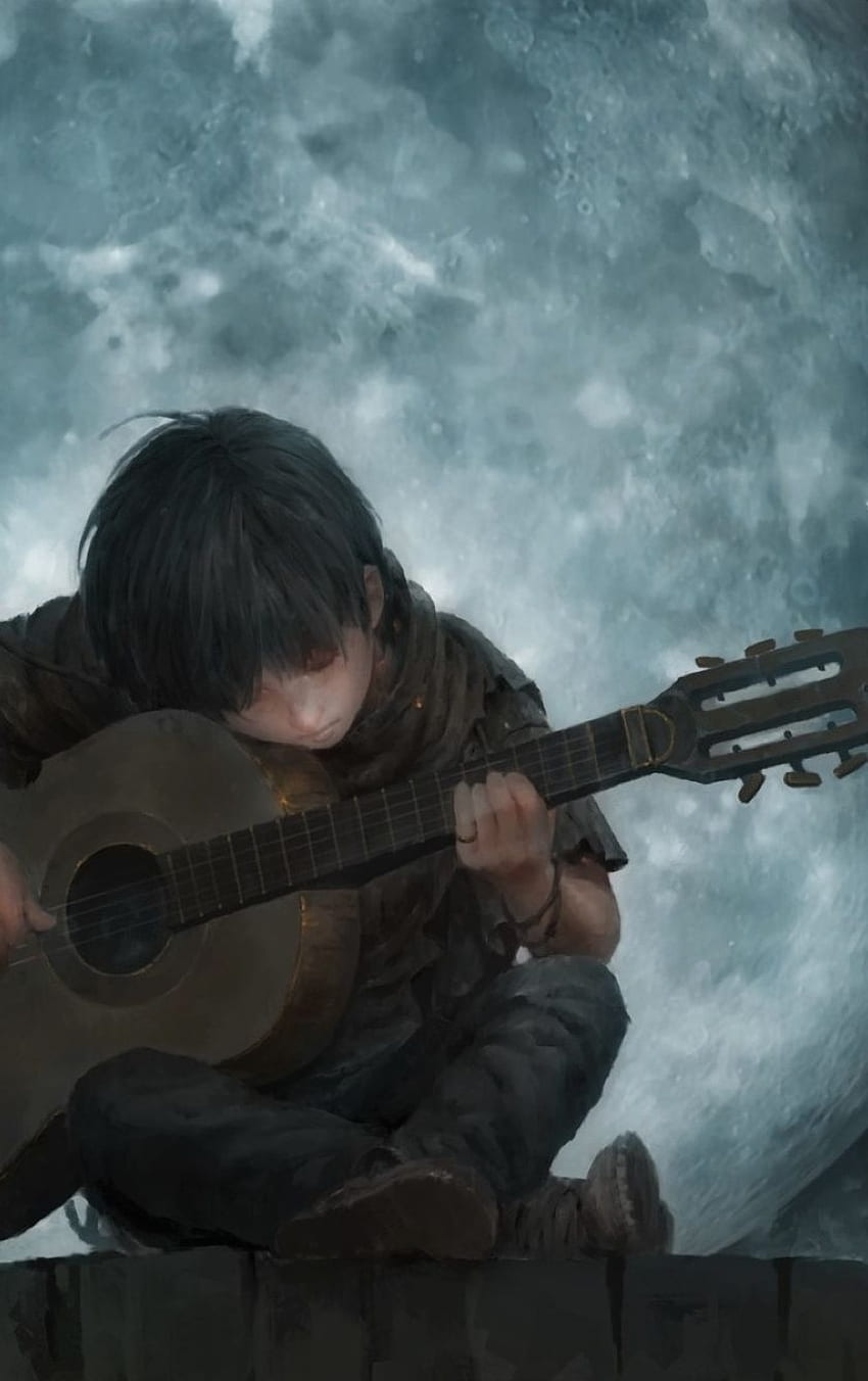 보름달 밤에 기타를 연주하는 어린 소년 예술, 기타와 애니메이션 HD 전화 배경 화면