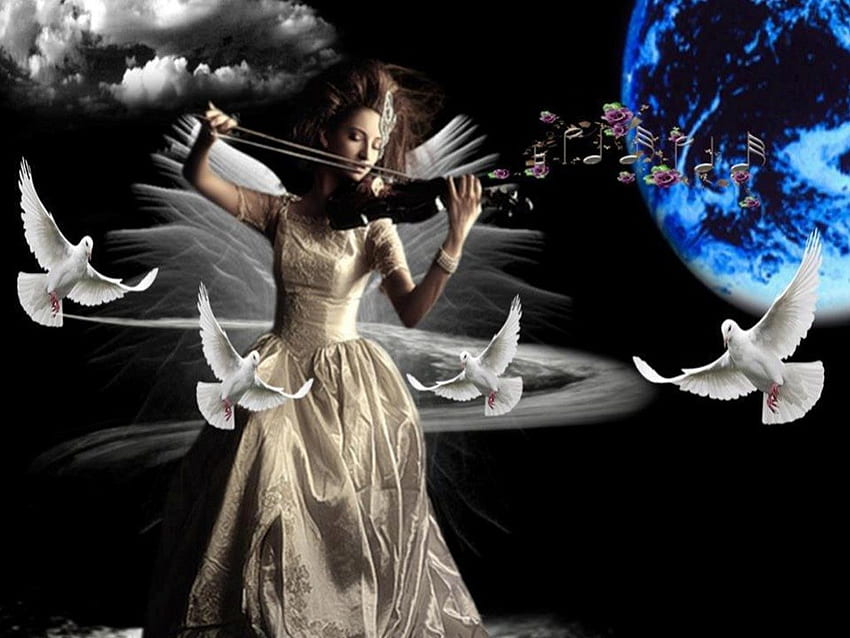 バイオリンの美しさ、音楽、演奏、月、白い鳩、女の子、バイオリン、暗い 高画質の壁紙