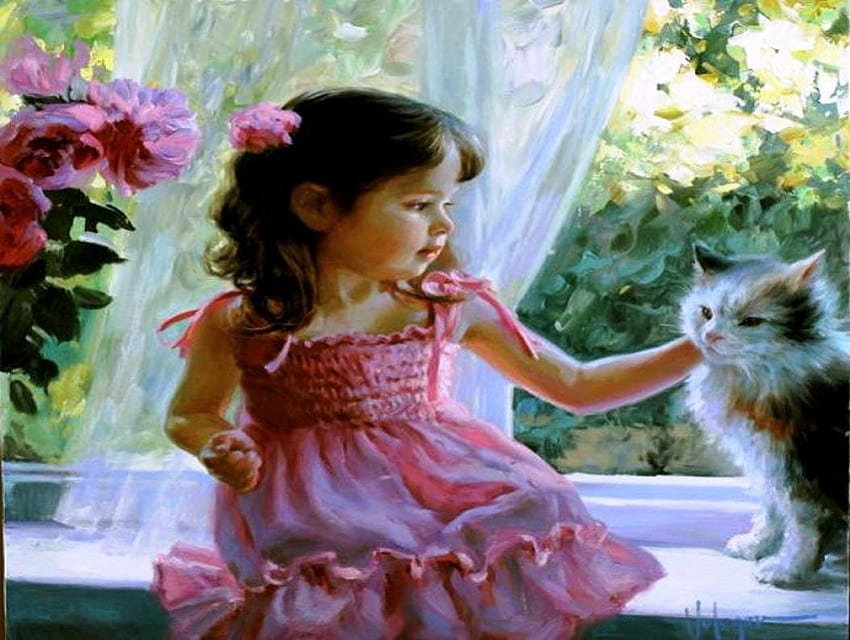 Lukisan, hewan, imut, natura, kecil, bermain, artis, Vladimir Volegov, menggemaskan, teman, manis, seni, lainnya, gadis, kucing, orang, berwarna merah muda, cinta, pelukis, bunga Wallpaper HD