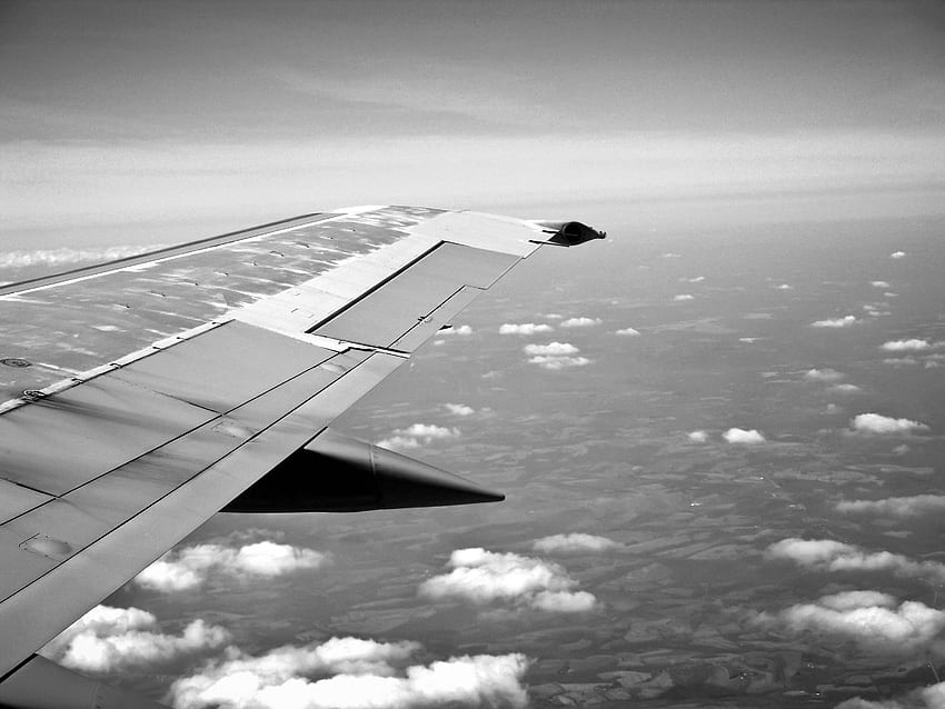 aircraft, airplane, aviation, black and white, business, clouds, flying, dom, holiday, journey, plane, public transportation, sky, travel, vacation, voyage, wing HD wallpaper