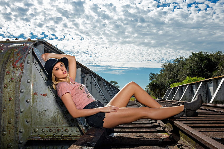 Cowgirl on the Railway Tracks, cowgirl, blonde, hat, shorts, railway HD wallpaper