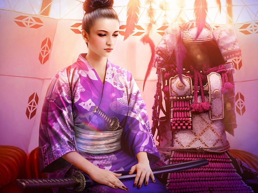 Fantezi güzel kimono kız, mor, katana, zırh, geyşa bebeği HD duvar kağıdı
