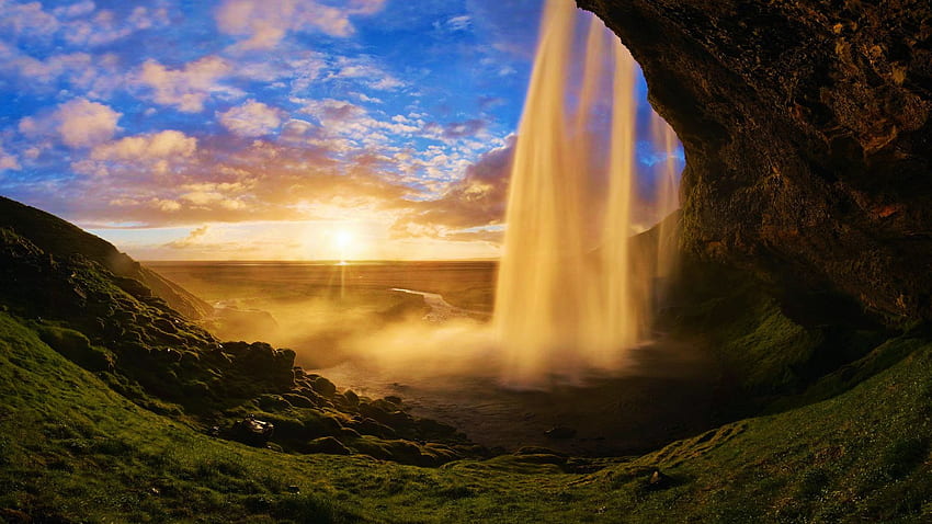 Spectacular sunset from behind Seljalandsfoss, Iceland, clouds, colors, waterfall, sky, cliff, sun HD wallpaper