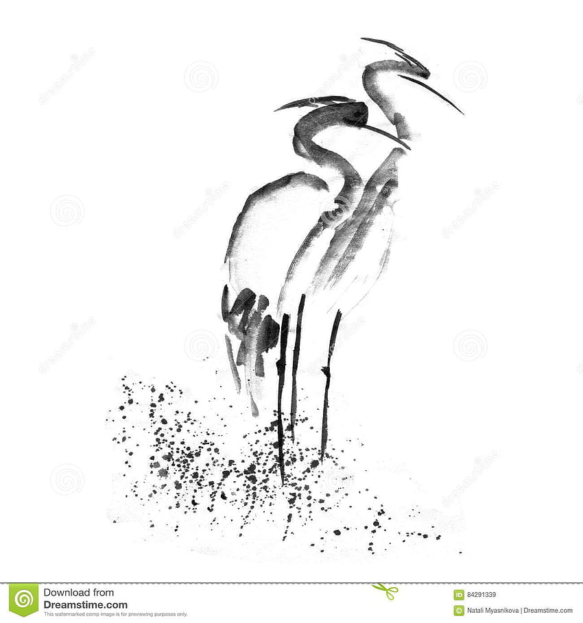 Beautiful Gallant Stork Heron Crane Love Ancient Monochrome Black Ink Japanese Painting Sumi E Hand Drawn Backdrop Sketchy. Japanese Painting, Heron, Organic Art HD phone wallpaper
