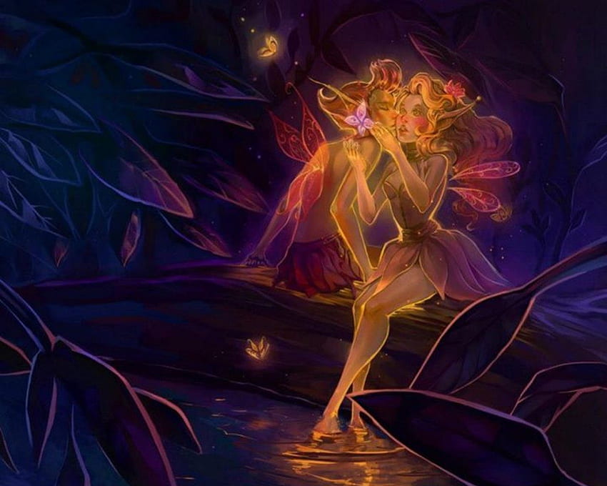 Romance in Elf World, night, leaves, boy, romance, girl, elf, water HD wallpaper