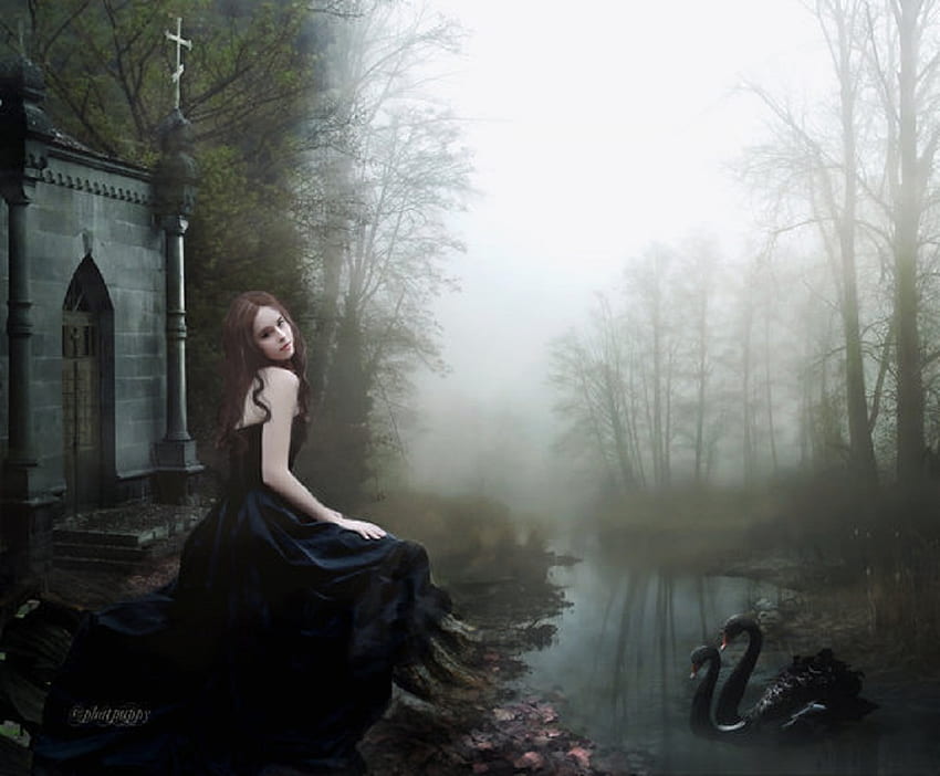โบสถ์ แม่น้ำ สีดำ โบสถ์ สาว มืด ผู้หญิง ชุดดำ หมอก หงส์ หมอก จินตนาการ หงส์ ป่า วอลล์เปเปอร์ HD