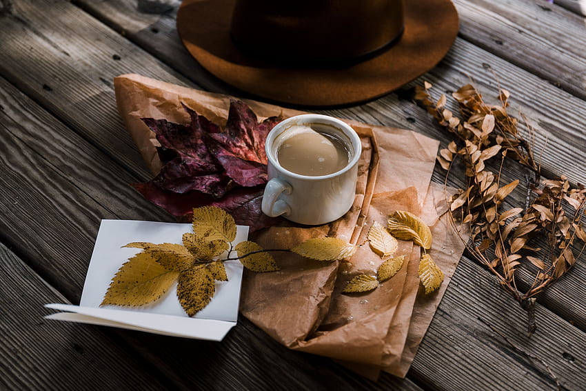 jedzenie, jesień, kawa, liście, kapelusz Tapeta HD