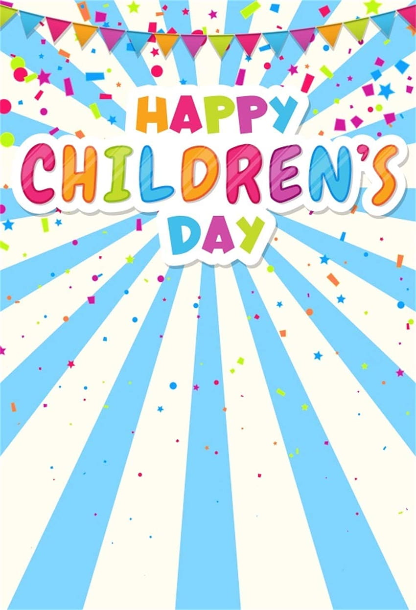 Leowefowa ft Happy Children's Day Backdrop Vinyl Colorful Buntings Confetti Blue White Radial Striped graphy Background Children Kids Baby 1st June Festival Shoot Party Decors: Electronics HD тапет за телефон