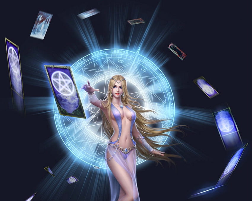 Fantasy girl, cards, magic, fantasy, woman HD wallpaper