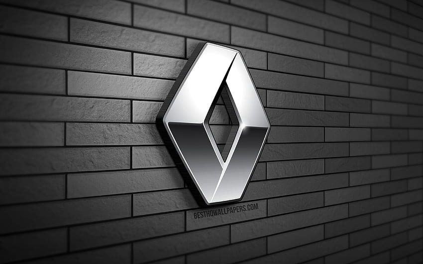 Renault 3D logo, , szary ceglany mur, kreatywny, marki samochodów, logo Renault, metalowe logo Renault, grafika 3D, Renault Tapeta HD