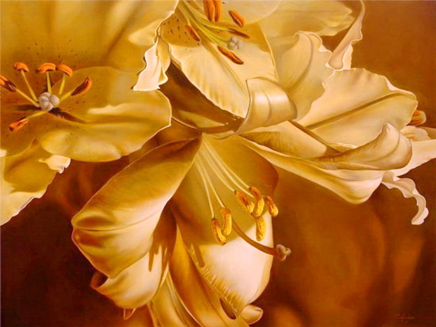 Fragrance in gold, petals, golden color, flowers, fragrance, beauty HD wallpaper