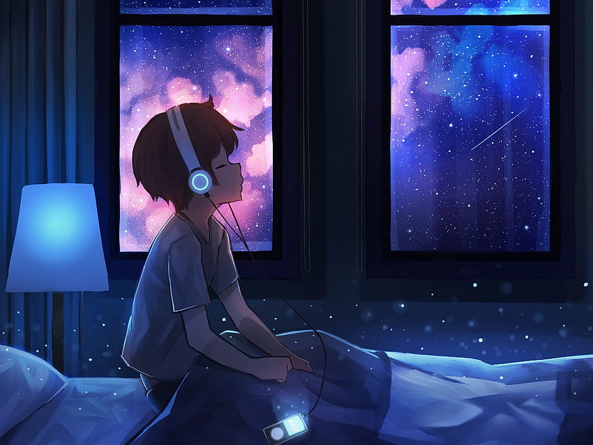 Erkek, Gece, Kulaklıklar, Yıldızlı Gökyüzü, Art - Art Boy -, Heads Anime Boy HD duvar kağıdı