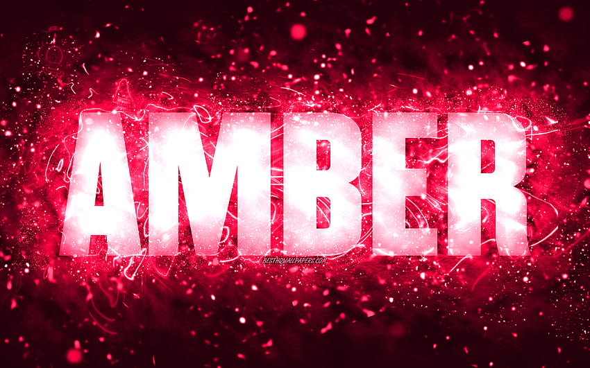 Happy Birtay Амбър, , розови неонови светлини, име Амбър, творчески, Амбър Честит Биртай, Амбър Биртай, популярни американски женски имена, с име Амбър, Амбър HD тапет