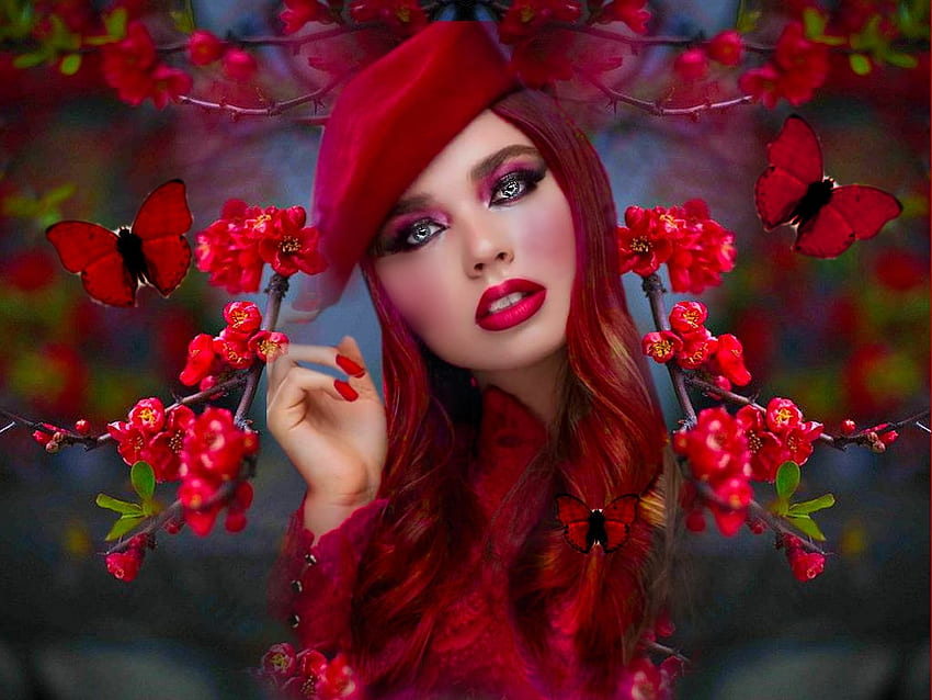 Delicate Red, hat, colorful, blue, vibrant, girl, butterflies, vivid, green, red, bright, bold, flowers HD wallpaper