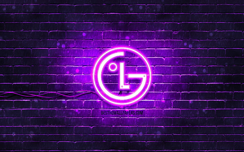 LG バイオレット ロゴ、バイオレット ブリックウォール、LG ロゴ、ブランド、LG ネオン ロゴ、解像度の LG . 高品質 高画質の壁紙