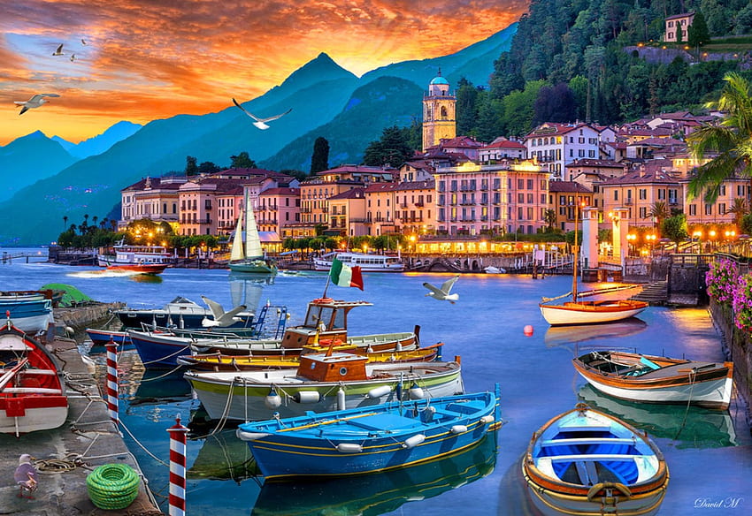 Lake Como Harbour, włochy, domy, góry, wieczór, wioska, zachód słońca, dzieło sztuki, , łodzie, światła, drzewa Tapeta HD