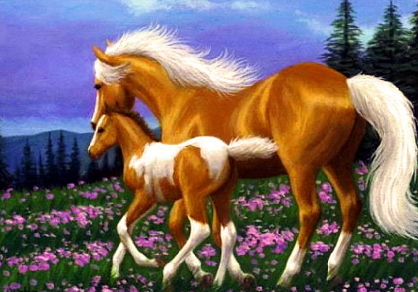 Radosne lato, grafika, koń, malarstwo, jodły, łąka, źrebię, kwiaty Tapeta HD