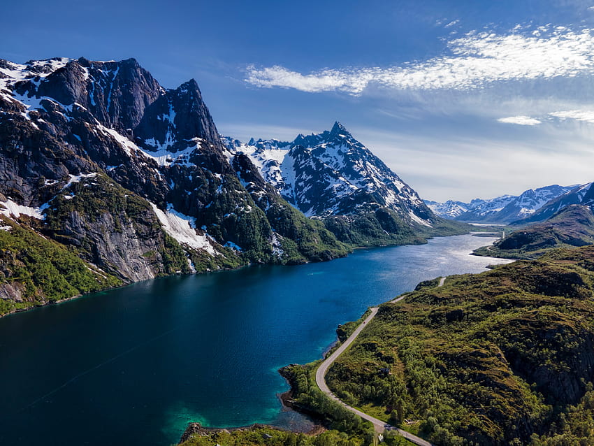 ノルウェー、ロフォーテン山脈、空撮、川、自然 高画質の壁紙