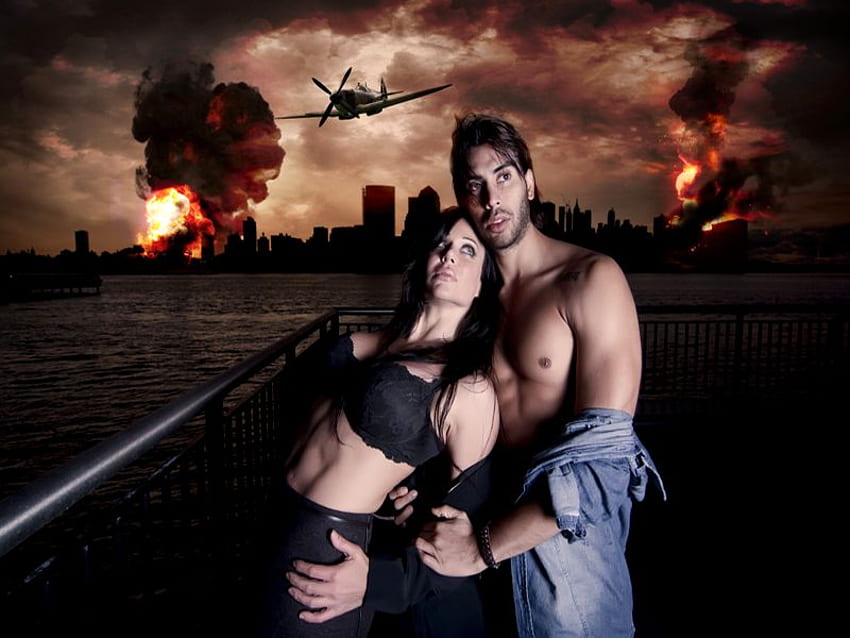 COUPLE SAFE NOW.., couple, danger, fire, woman, nen HD wallpaper